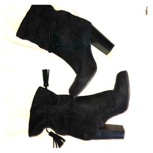 Black suede Mid Calf Heeled Boots